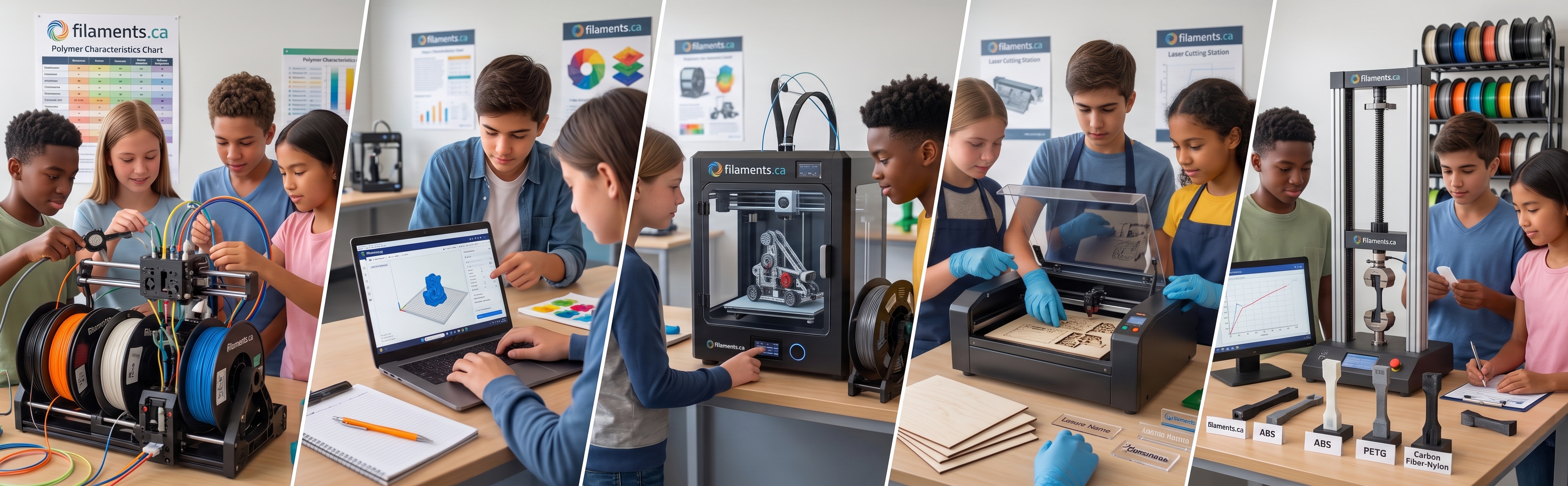 Students working with 3D printers, laser cutting and filament spools in a filaments.ca materials lab